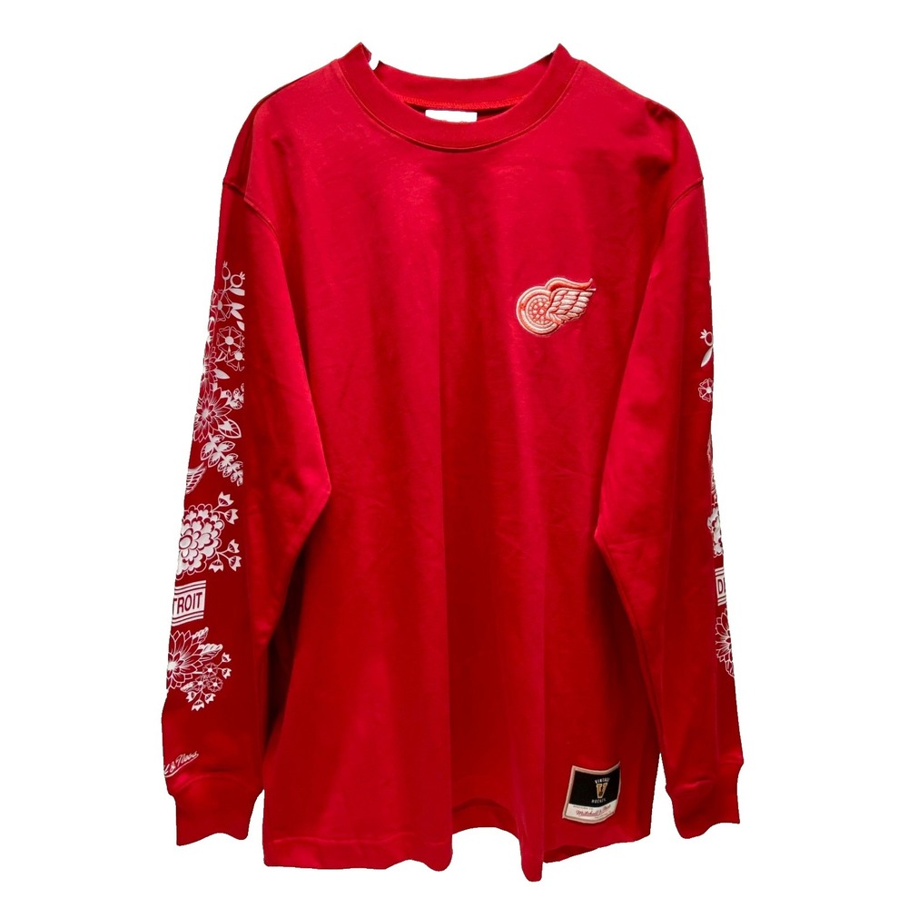 Detroit Red Wings NHL Shirt Large Red Long‎ Sleeve Hockey Mitchell & Ness NWOT